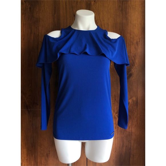 Michael Kors Tops - Michael Kors Blue Cold Shoulder Ruffle Blouse Top